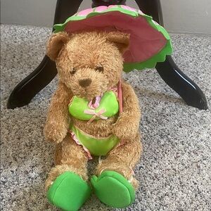 Lori fib Burton & Burton Teddy Bear Sits in her Green & Pink Bikini w Umbrella